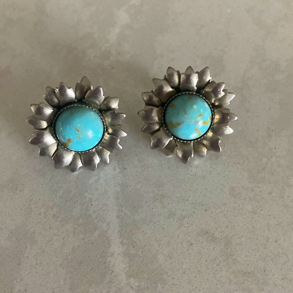 Vintage Sunflower and Turquoise Screw Back Earrings